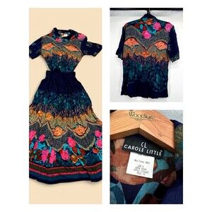 Vintage CAROLE LITTLE Maxi Skirt Top Set Ethnic Print Tribal Art Maximalist 14